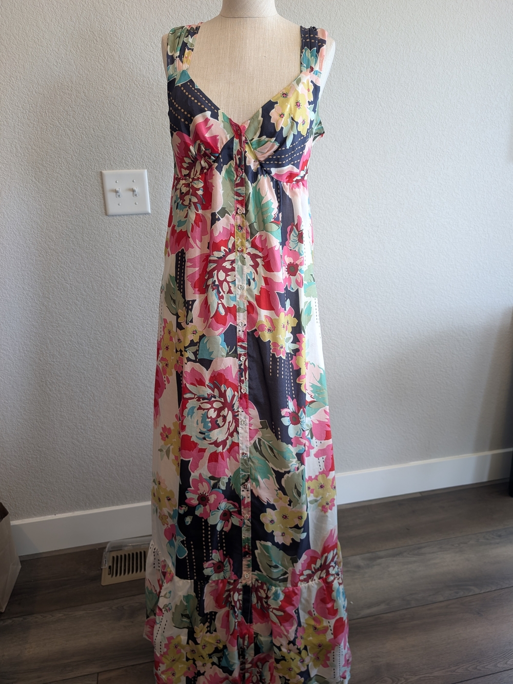 Johnny Was Floral Maxi Boho Dress in Pink, Green, Yellow & Blue Sz M